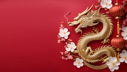 Fototapeta premium Fierce golden dragon with red eyes, surrounded by cherry blossoms and lanterns. Chinese new year, year of the dragon. Generative AI.