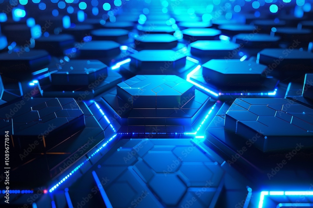 Poster hexagonal grid pattern illuminated by blue lights, showcasing a futuristic digital environment with 