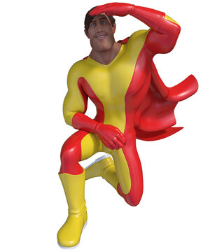 recommend clip art: uomo con vestito rosso e giallo con mantello super   eroe su fondo trasparente isolato