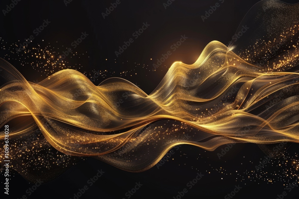 Poster golden waves of light and sparkle flow gracefully against a dark background, creating a mesmerizing 