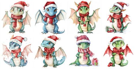 Adorable Watercolor Christmas Dragons - Eight cute baby dragons in Santa hats and scarves, symbolizing Christmas, fantasy, winter, cuteness, and joy.