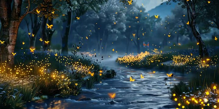 Enchanted glen with fireflies weaving their nightly dance, 4K Video