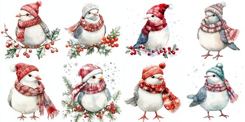 Adorable Watercolor Doves in Winter Hats - Eight charming watercolor illustrations of doves wearing winter hats and scarves, symbolizing winter, warmth, peace, joy, and Christmas.