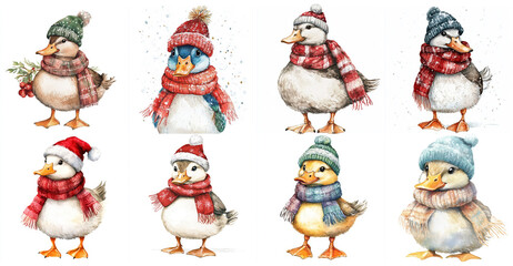 Adorable Watercolor Ducks in Winter Hats - Eight cute watercolor ducks wearing winter hats and scarves, symbolizing warmth, winter, cuteness, holidays, and joy.