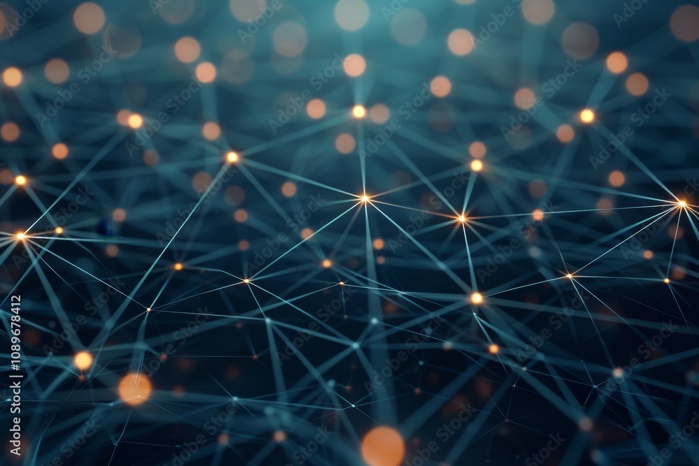 Poster abstract network of interconnected lines and glowing points representing digital data flow and techn