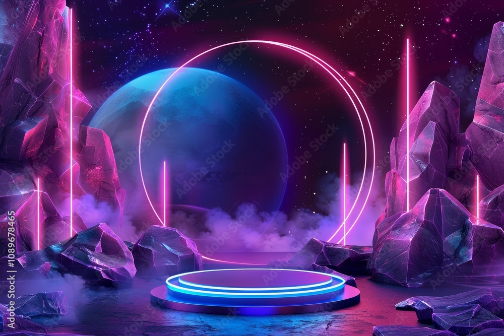 Aufkleber a vibrant futuristic landscape with illuminated rocks and planetary backdrop creating an otherworldl