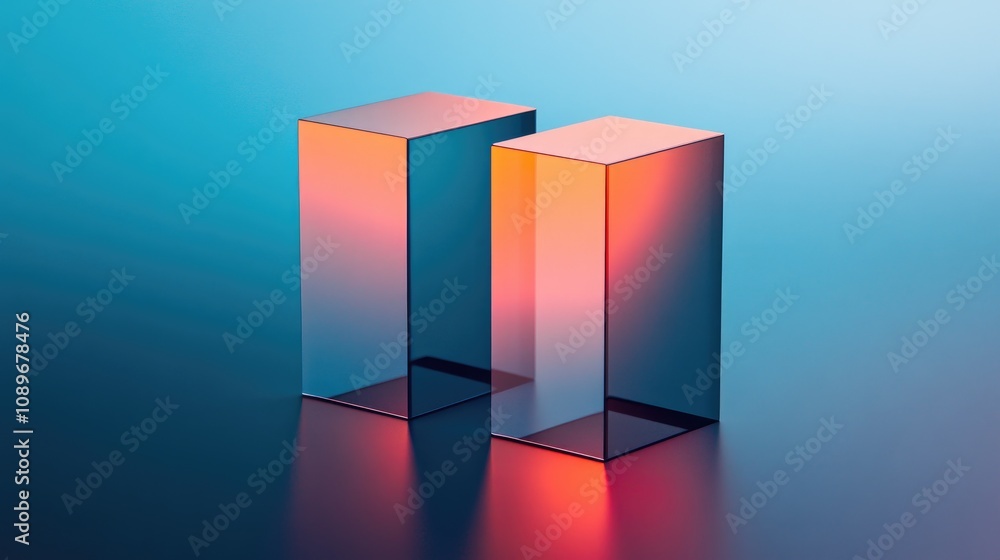Poster abstract composition with two rectangular glass blocks reflecting vibrant colors and light, set agai