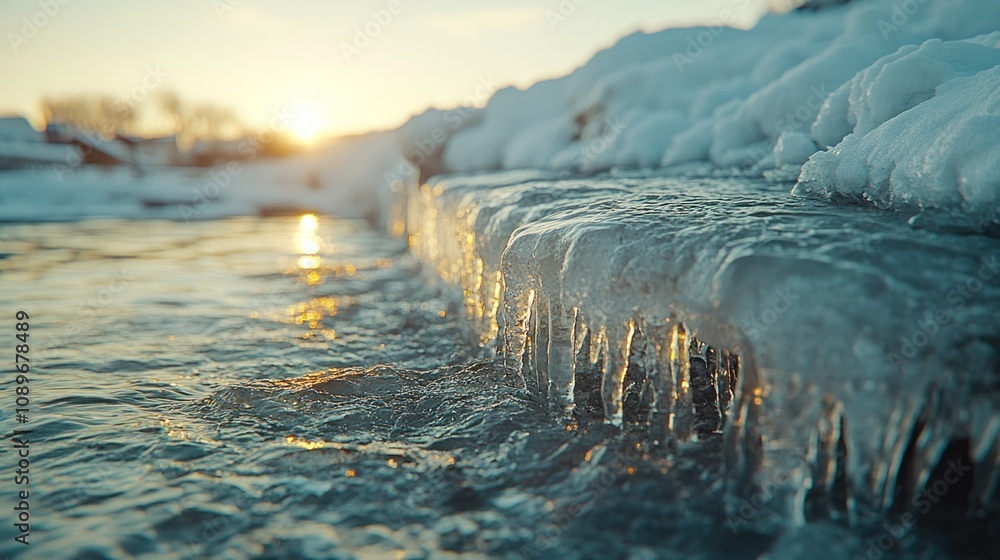 Poster Icy riverbank at sunset.