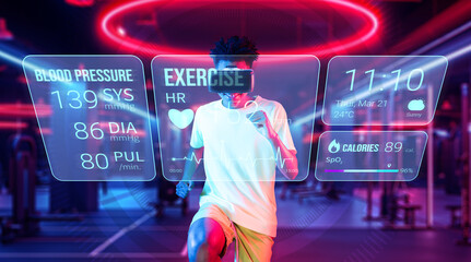 Happy african man wearing VR glasses and shirt while exercising at gym with vibrant color. Male model posing running posture while using artificial intelligence training and doing fitness. Ingenuity.