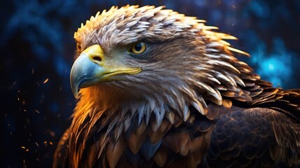 Fototapeta premium A close-up portrait of a golden eagle with a sharp, piercing gaze against a blue, blurred background with sparkling lights.