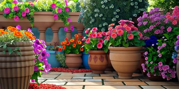 Garden with vibrant geraniums and decorative pots, 4K , Video