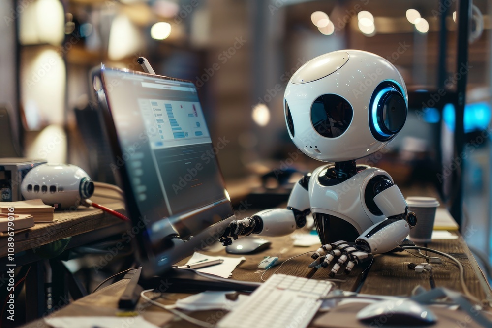 Poster a small robot interacts with a computer screen in a modern workspace filled with gadgets and tools d