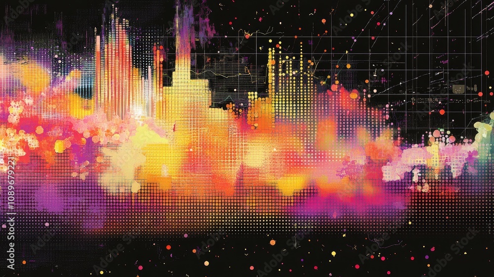 Poster vibrant abstract digital art with colorful patterns and textures representing data visualization in 
