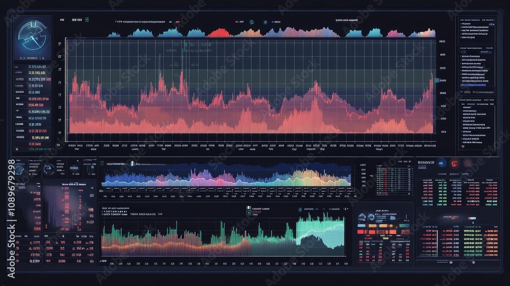 Poster dynamic data visualization dashboard with colorful graphs and charts for analysis and monitoring in 