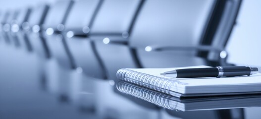 Notepad on a table with pen before meeting, blue tone, business concept with copy space