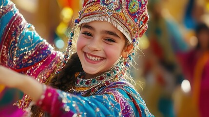 Fototapeta premium Young dancer radiates joy in a vibrant costume against a lively celebration backdrop