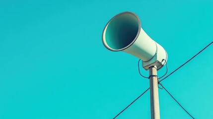 Vintage Style Loudspeaker on a Pole Against a Bright Blue Sky, Capturing a Retro Aesthetic with a Unique Perspective on Public Communication and Messaging