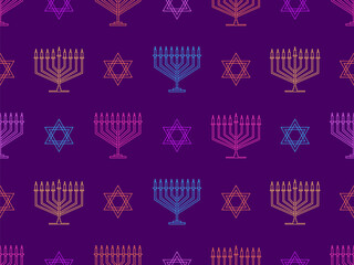 Hanukkah seamless pattern with menorah with nine candle and Star of David. Nine lit Hanukkah candles. Design for invitation flyers, brochures and promotional items. Vector illustration