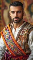 Obraz premium Azerbaijani man in vibrant festival attire, showcasing cultural heritage and pride