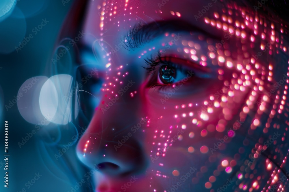 Poster a close-up of a woman's face illuminated by colorful dots creating a mesmerizing pattern, showcasing