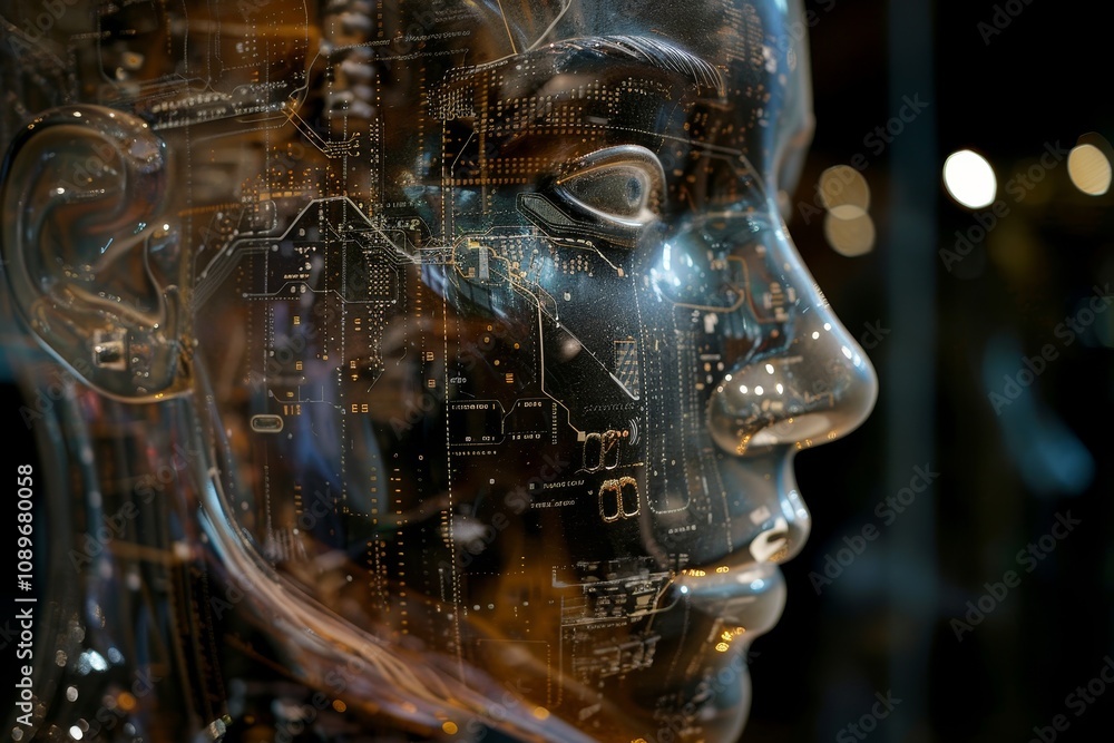 Poster a close-up view of a futuristic, transparent mannequin displaying intricate circuit patterns in a mo