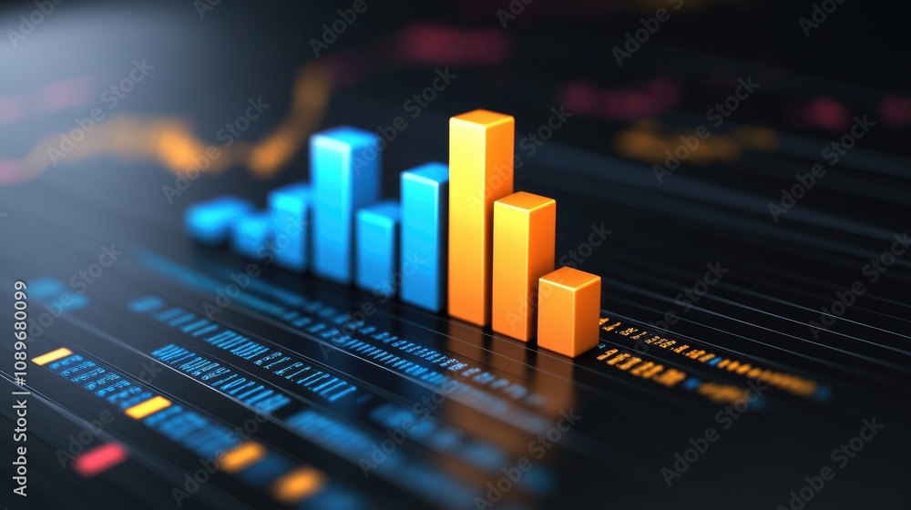 Poster modern data visualization with colorful bar graphs representing financial growth on a dark backgroun