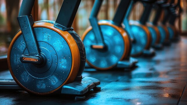 Rowing machines line up in a gym setting, ready for fitness enthusiasts to start their workouts in the early morning