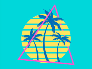 Palm trees at sunset retro sun in 80s style. Retro futuristic silhouettes of palm trees against the sun in a triangular frame. Synthwave style. Design for banners and posters. Vector illustration