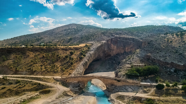Cendere Bridge is located on the Cendere Stream in Adiyaman. The bridge is still actively used. Aerial view with drone.
