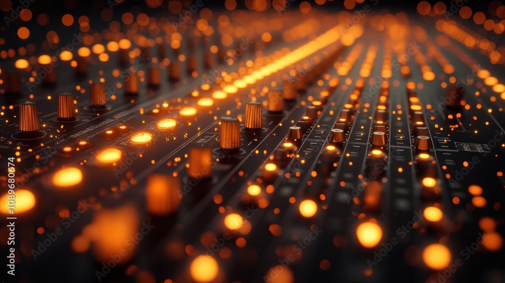 Poster illuminated mixing console controls.