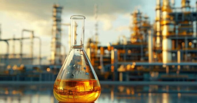 A glass flask filled with orange liquid in front of an industrial refinery, symbolizing chemical production and industrial research.