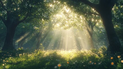 Fototapeta premium Sunlit Forest Glade With Blooming Flowers And Lush Green Grass