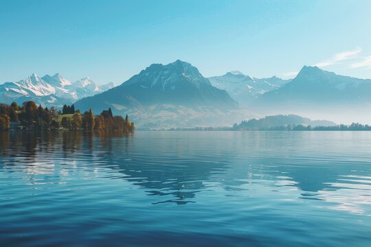 Stunning mountain landscape with clear blue lake reflecting the peaks on a sunny day in Switzerland during autumn