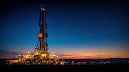 Obraz premium Illuminated oil rig at twilight.