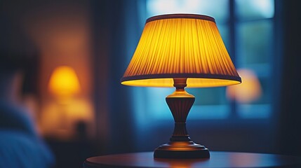 Illuminated table lamp in cozy bedroom at night.