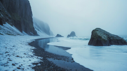 A frosty morning on the shore with snow-covered rocks and cold waves crashing against them
