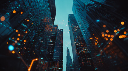 Fototapeta premium Smart digital Innovation Business skyscrapers in the Financial District with connection network reciprocity over the cityscape. of future smart wireless digital city and social media networking