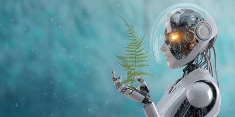 A robot holding a delicate plant, illustrating a moment of contemplative admiration for natural life, merging advanced technology with environmental consciousness.