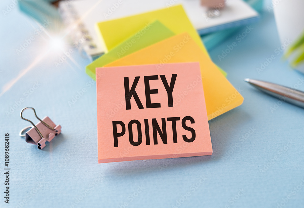 Poster text key points on short note texture background with pen on blue background