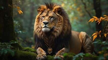 A majestic lion with a golden collar sits on a mossy log in a lush green forest.
