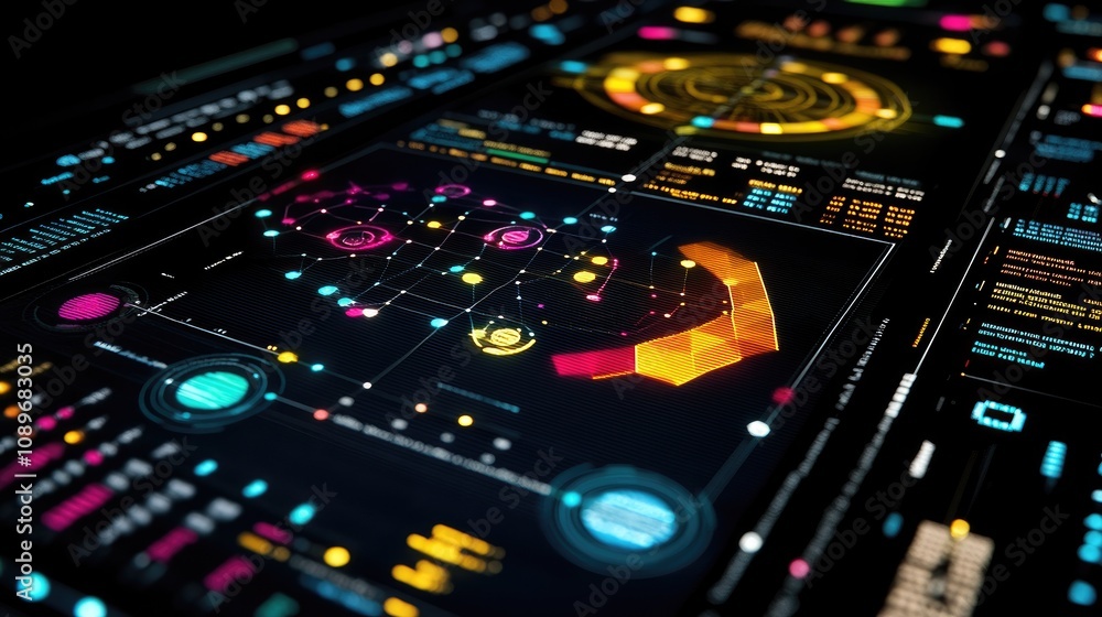 Poster futuristic data visualization interface with colorful graphs, charts, and network connections demons