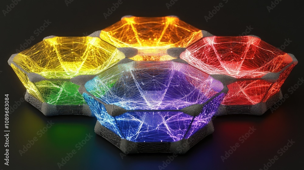 Poster abstract glowing hexagonal shapes with colorful lights illustrating energy flow and connectivity aga