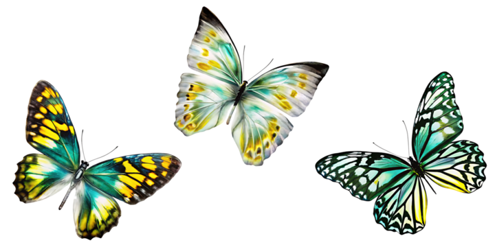 set of beautiful blue green yellow butterfly isolated on white background.AI GENERATED