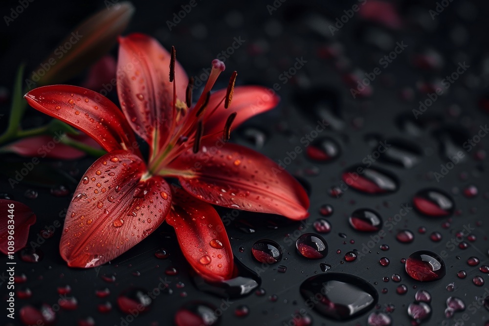 Poster red lily flower with droplets on a dark background captured in a close-up shot highlighting its natu