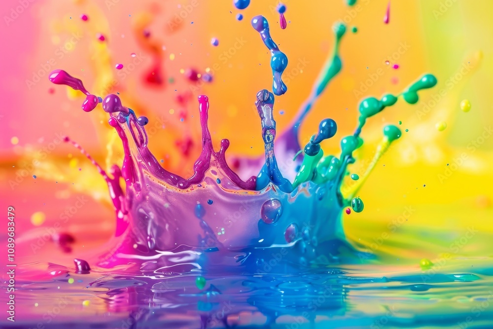 Poster colorful splashes of paint create vibrant patterns in a pool of water during a creative art experime