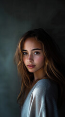 Fototapeta premium Young woman with long hair posing in soft light against a textured background