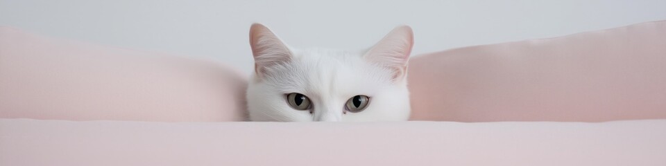 hunting cat with toy light background hiding pink pillow playful curious scene photography captured