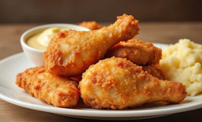 Crispy fried chicken drumsticks with sides