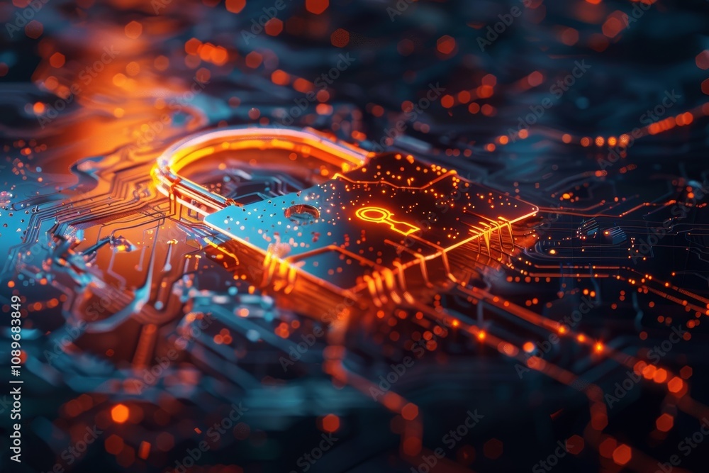 Poster abstract digital padlock illuminated in orange against a circuit board background, representing cybe
