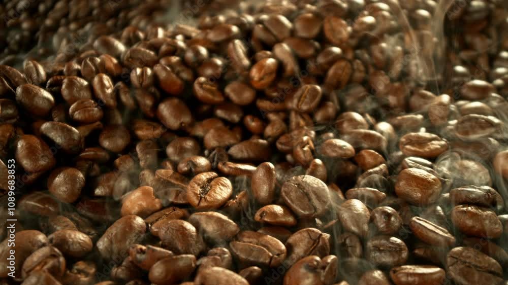 Poster super slow motion of coffee beans rotating in roasting grinder. concept of roasting coffee beans wit